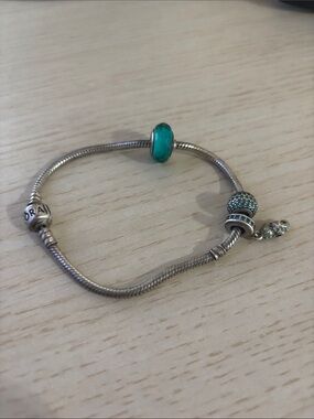 Pandora Silver Snake Chain Bracelet with Teal Glass and Pavé Charms